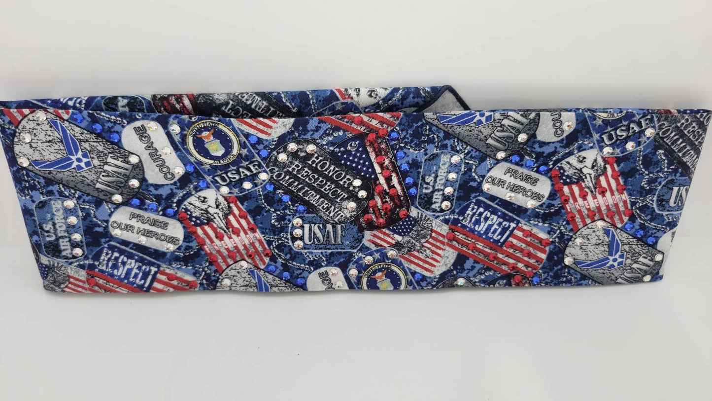Air Force Bandana with Red, Blue and Diamond Austrian Crystals (Sku6198)