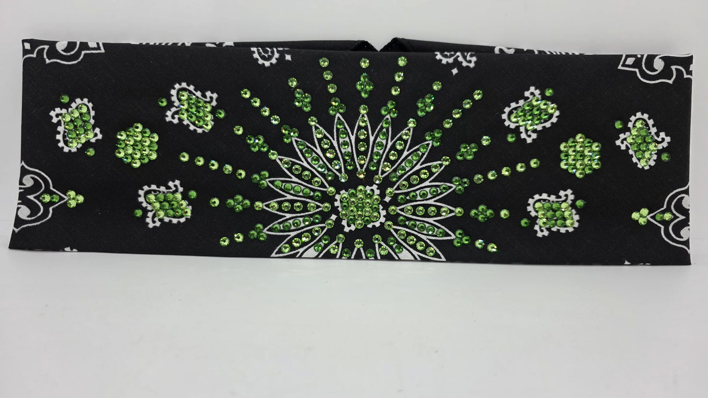 LeeAnnette Black Paisley Bandana with Light and Dark Green Austrian Crystals (L40204)