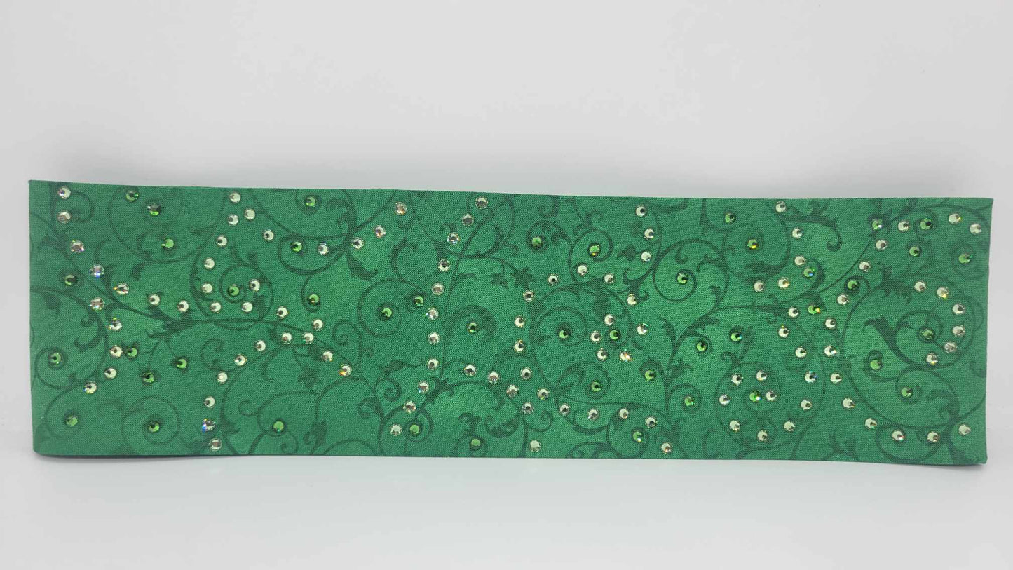 EXTRA BLING - Green Scrolls Bandana with Dark Green and Light Green Austrian Crystals (Sku6219)