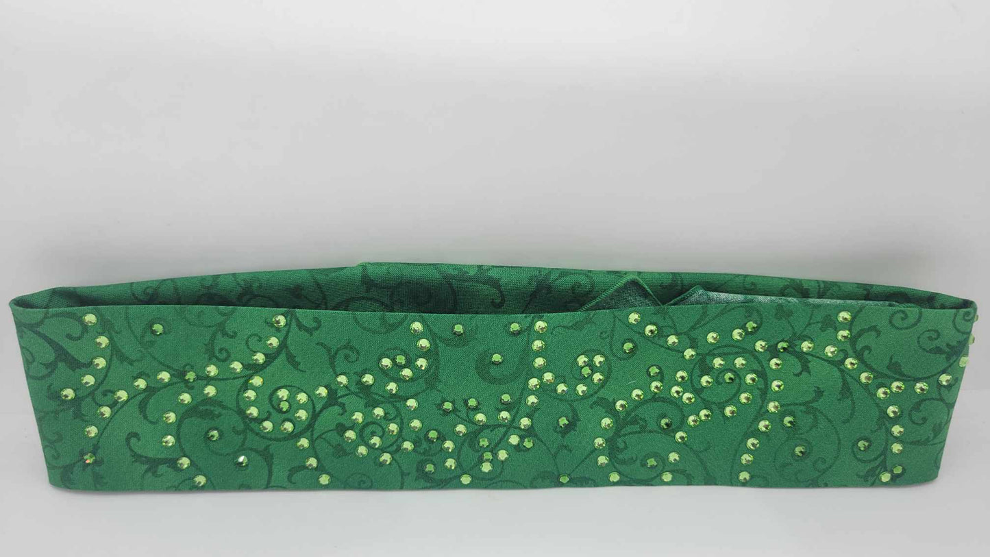 EXTRA BLING -Narrow Green Scrolls Bandana with Dark Green and Light Green Austrian Crystals (Sku6221)