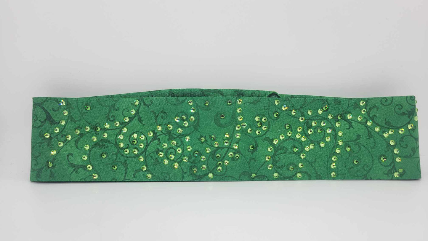 EXTRA BLING -Narrow Green Scrolls Bandana with Dark Green and Light Green Austrian Crystals (Sku6221)