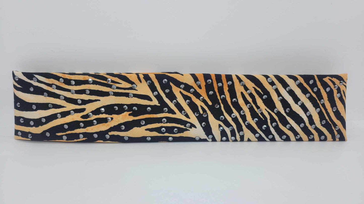 Narrow Tiger Print Bandana with Black Austrian Crystals (sku6222)
