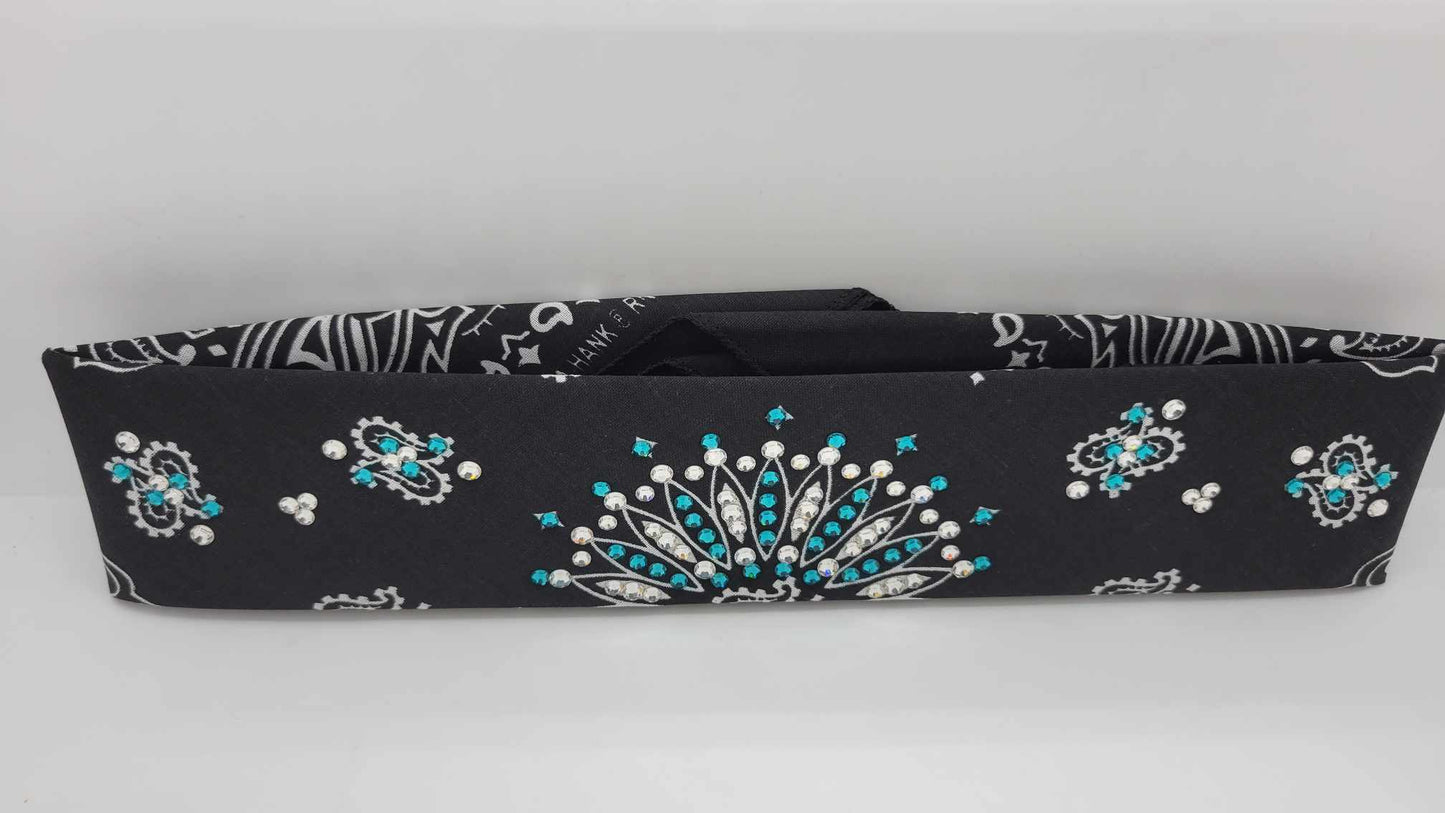 Narrow Black Paisley Bandana with Blue Zircon and Diamond Clear Austrian Crystals (sku6230)