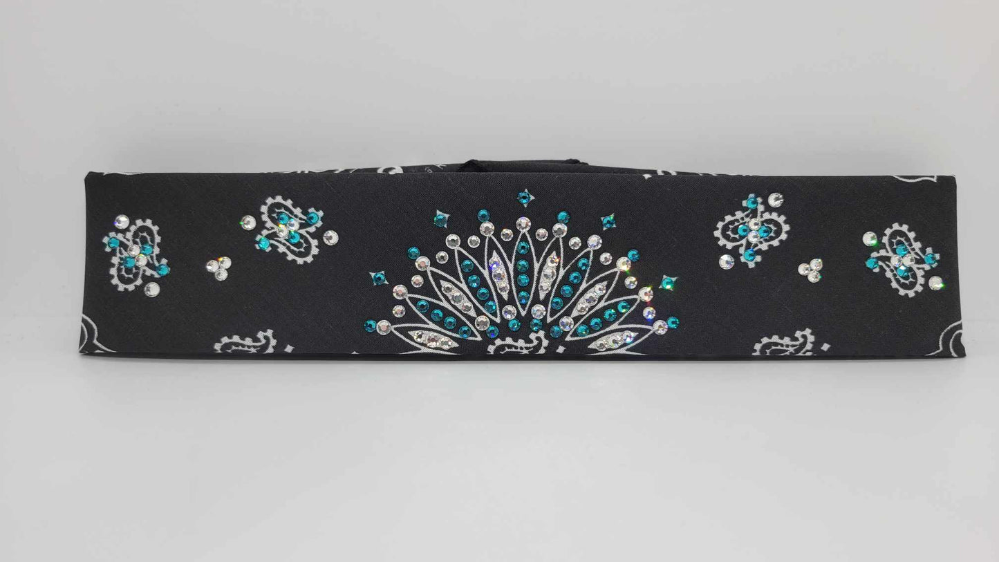 Narrow Black Paisley Bandana with Blue Zircon and Diamond Clear Austrian Crystals (sku6230)