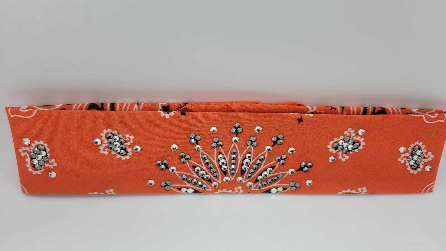 Narrow Orange Paisley Bandana with Black and Diamond Clear Austrian Crystals (sku6231)