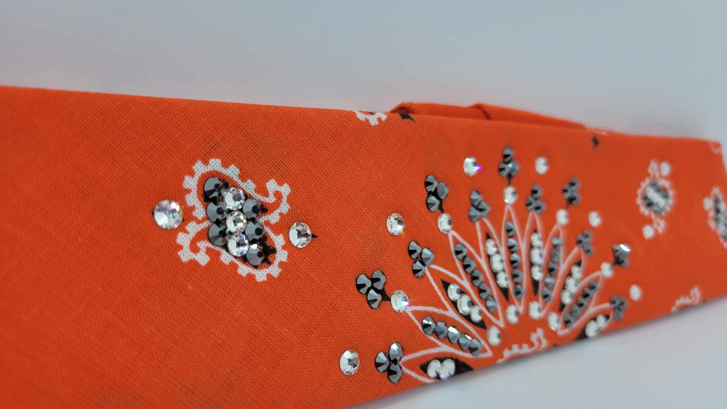 Narrow Orange Paisley Bandana with Black and Diamond Clear Austrian Crystals (sku6231)