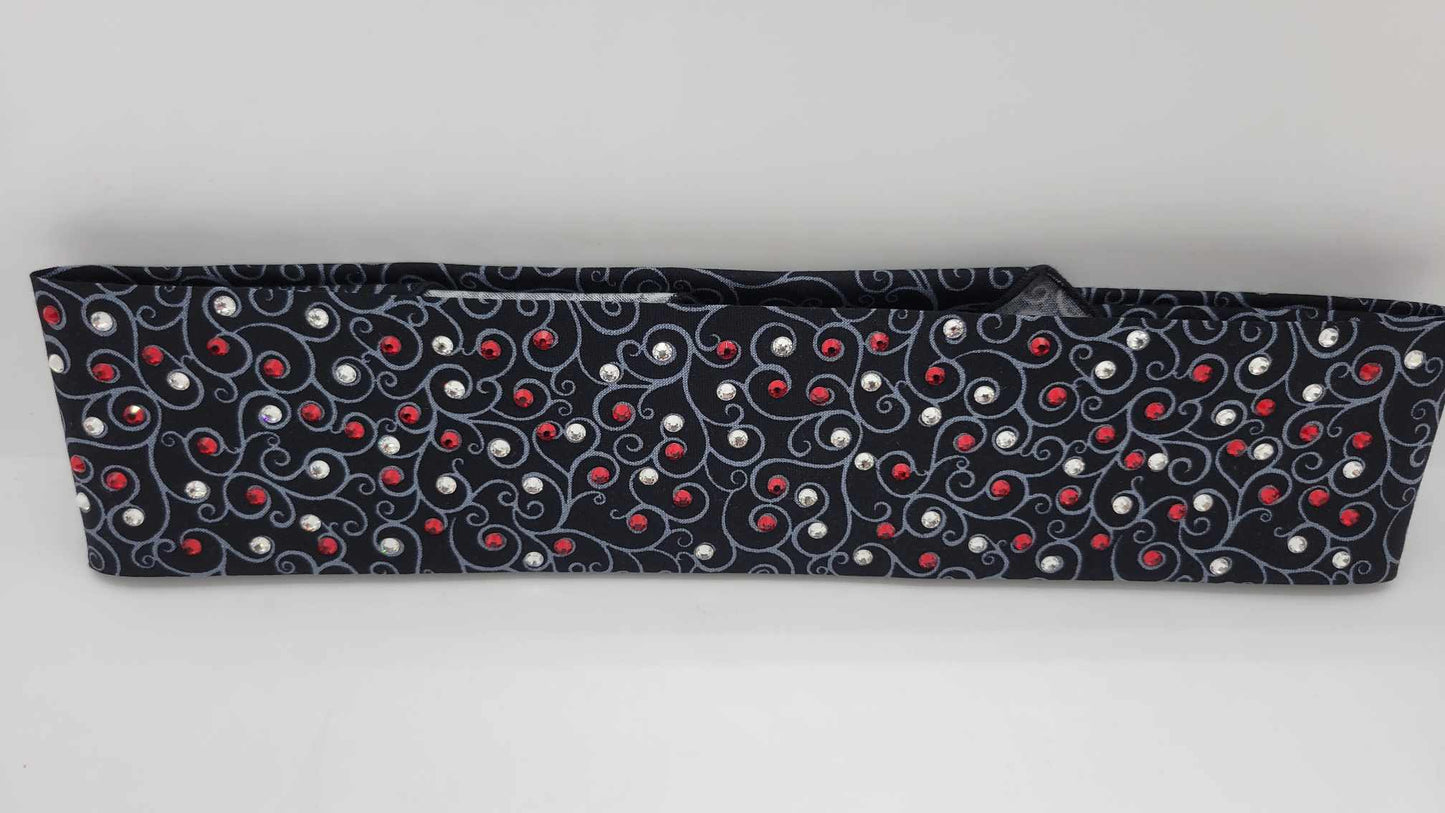 Narrow Black Scroll Bandana with Red and Diamond Clear Austrian Crystals (sku6233)