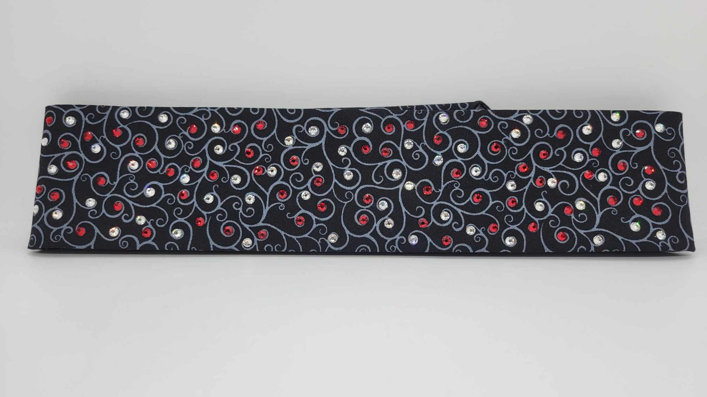 Narrow Black Scroll Bandana with Red and Diamond Clear Austrian Crystals (sku6233)