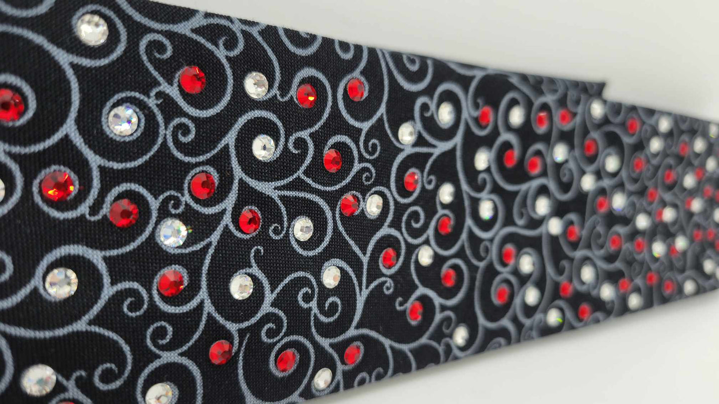 Narrow Black Scroll Bandana with Red and Diamond Clear Austrian Crystals (sku6233)