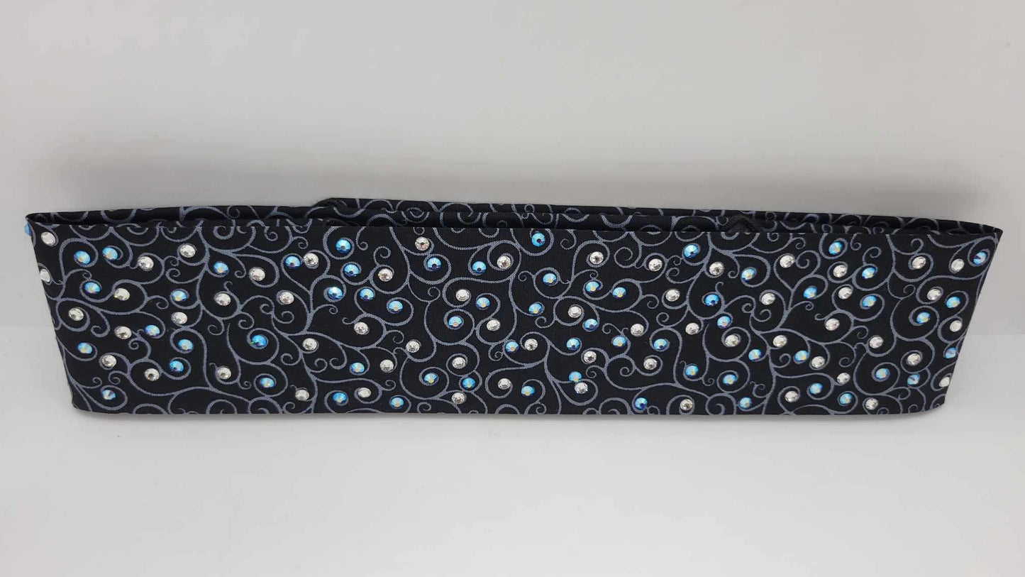 Narrow Black Scroll Bandana with Blue Shimmer and Diamond Clear Austrian Crystals (sku6234)