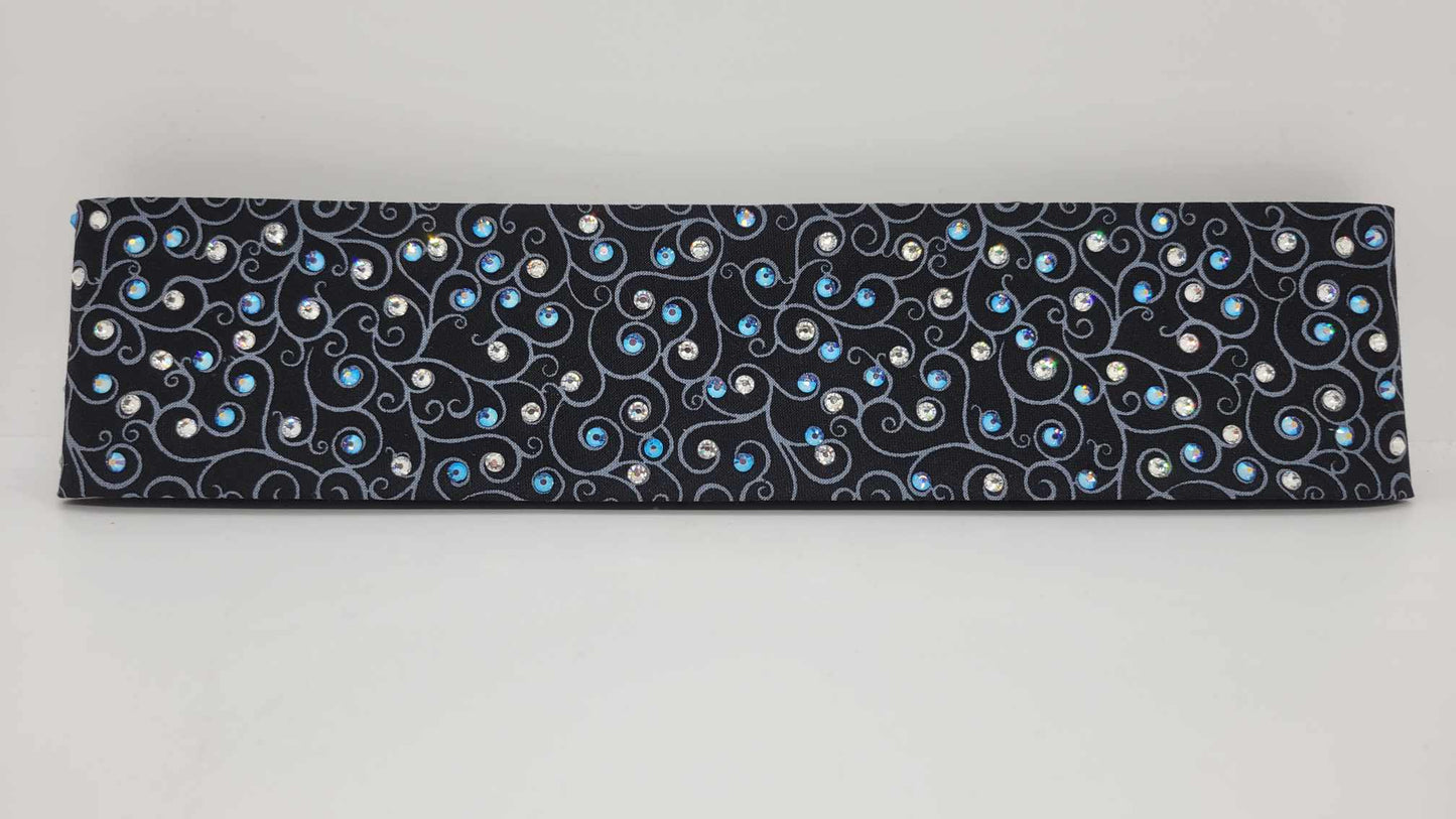 Narrow Black Scroll Bandana with Blue Shimmer and Diamond Clear Austrian Crystals (sku6234)