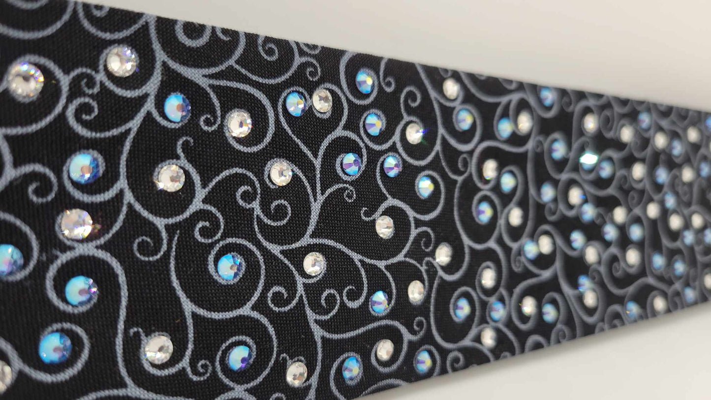 Narrow Black Scroll Bandana with Blue Shimmer and Diamond Clear Austrian Crystals (sku6234)