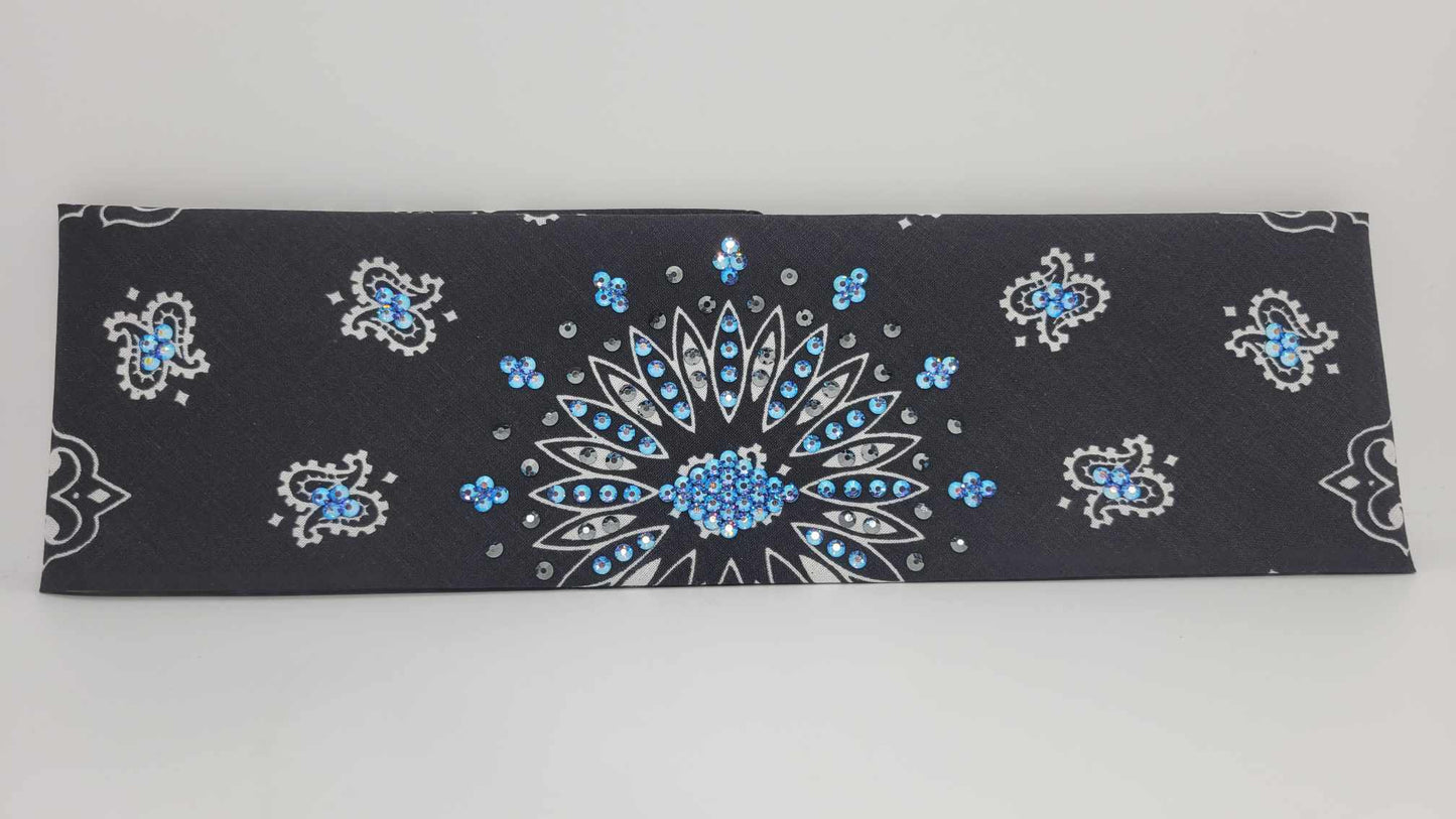 Black Paisley Bandana with Blue Violet Shimmer and Black Austrian Crystals (Sku6240)