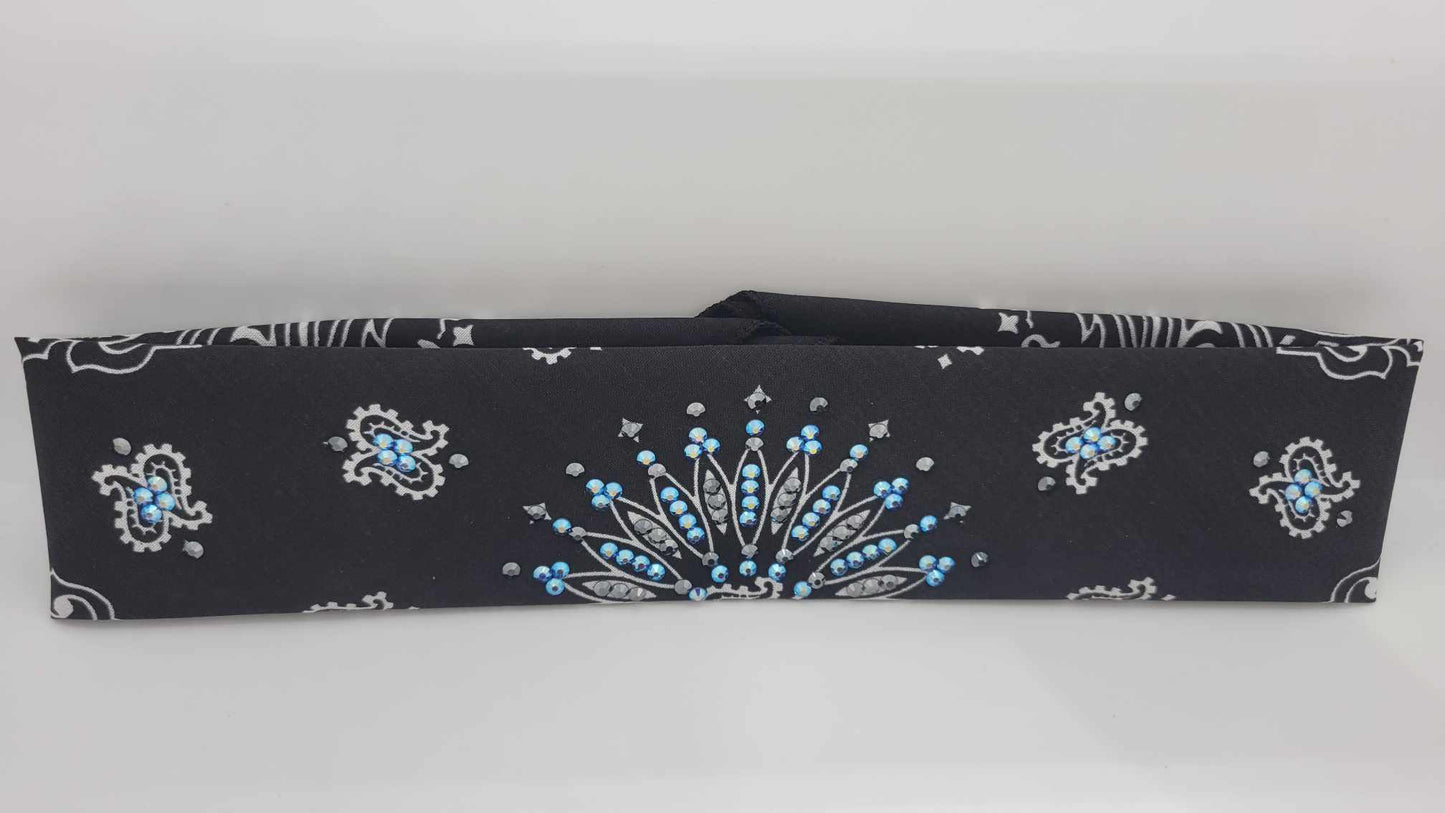 Narrow Black Paisley Bandana with Blue Violet Shimmer and Black Austrian Crystals (sku6245)