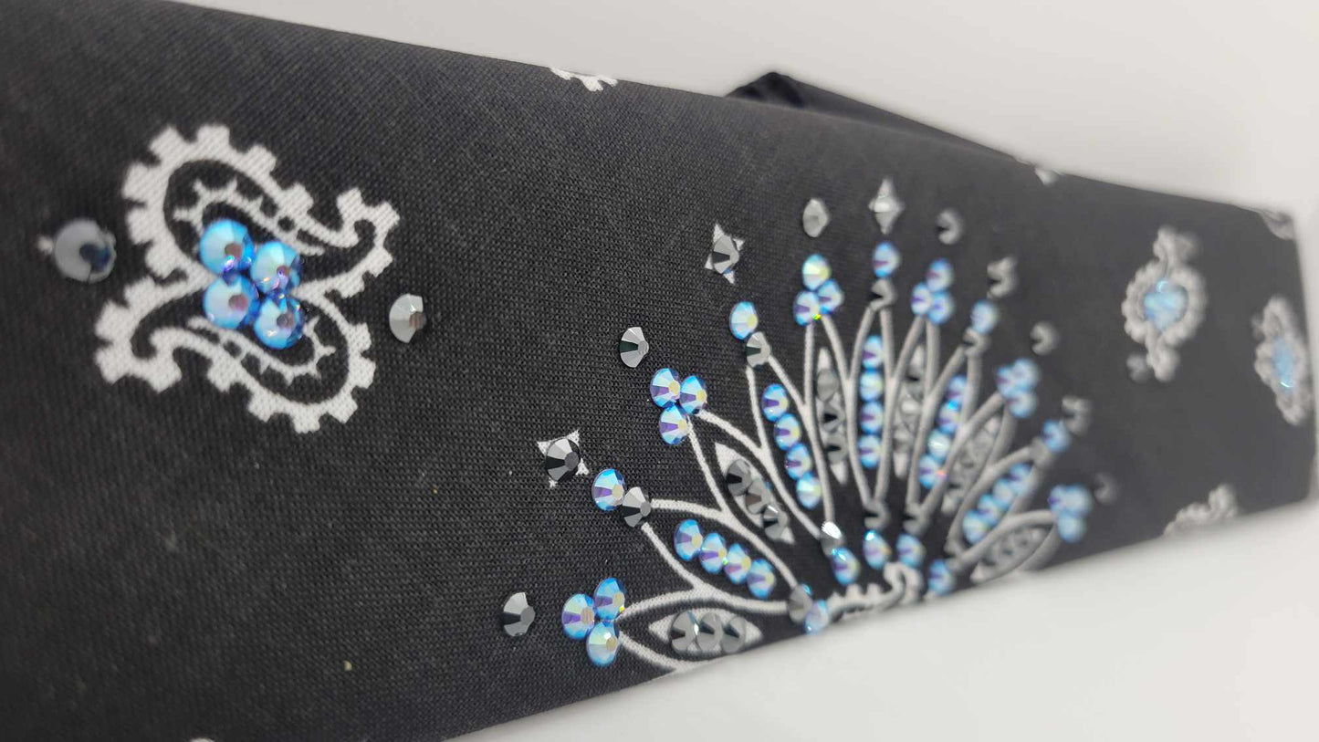 Narrow Black Paisley Bandana with Blue Violet Shimmer and Black Austrian Crystals (sku6245)