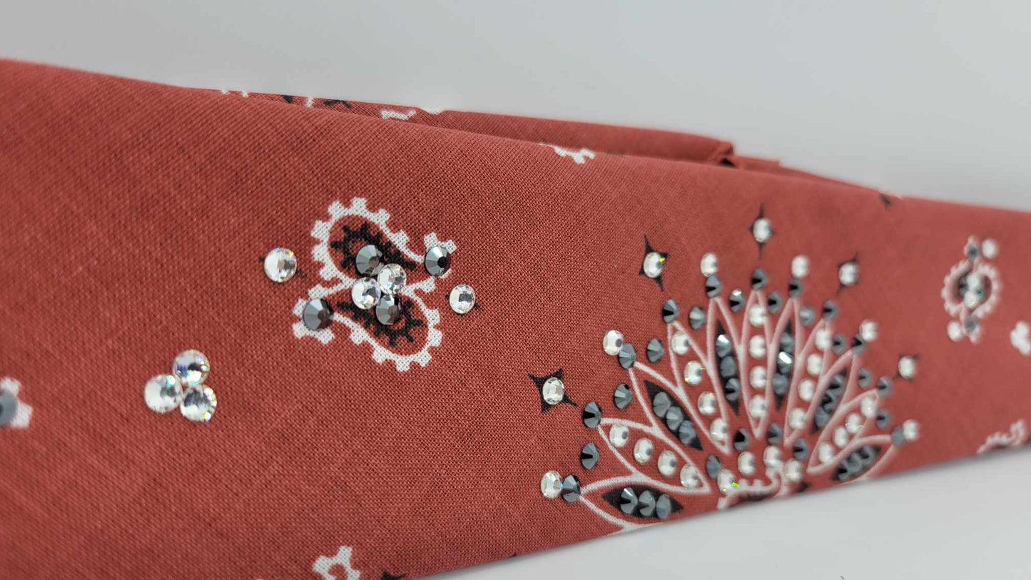 Narrow Terracotta Paisley Bandana with Black and Diamond Clear Austrian Crystals (sku6246)