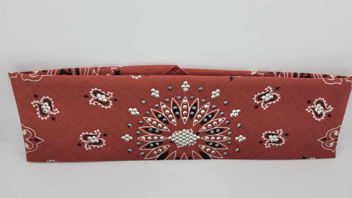Terracotta Paisley Bandana with Black and Diamond Clear Austrian Crystals (Sku6250)