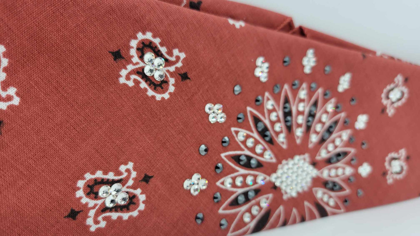 Terracotta Paisley Bandana with Black and Diamond Clear Austrian Crystals (Sku6250)