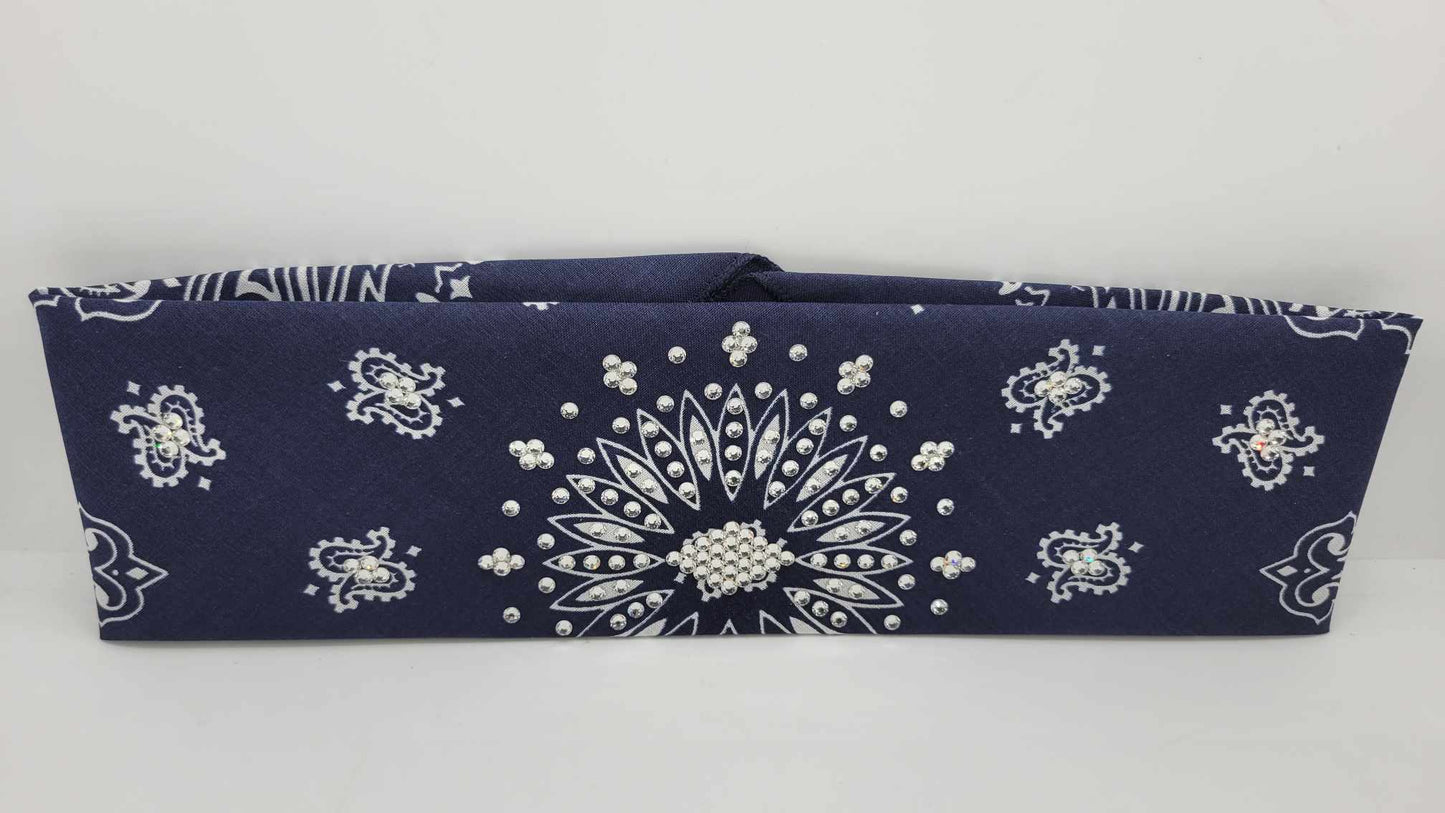 Navy Blue Paisley Bandana with Diamond Clear Austrian Crystals (Sku6253)