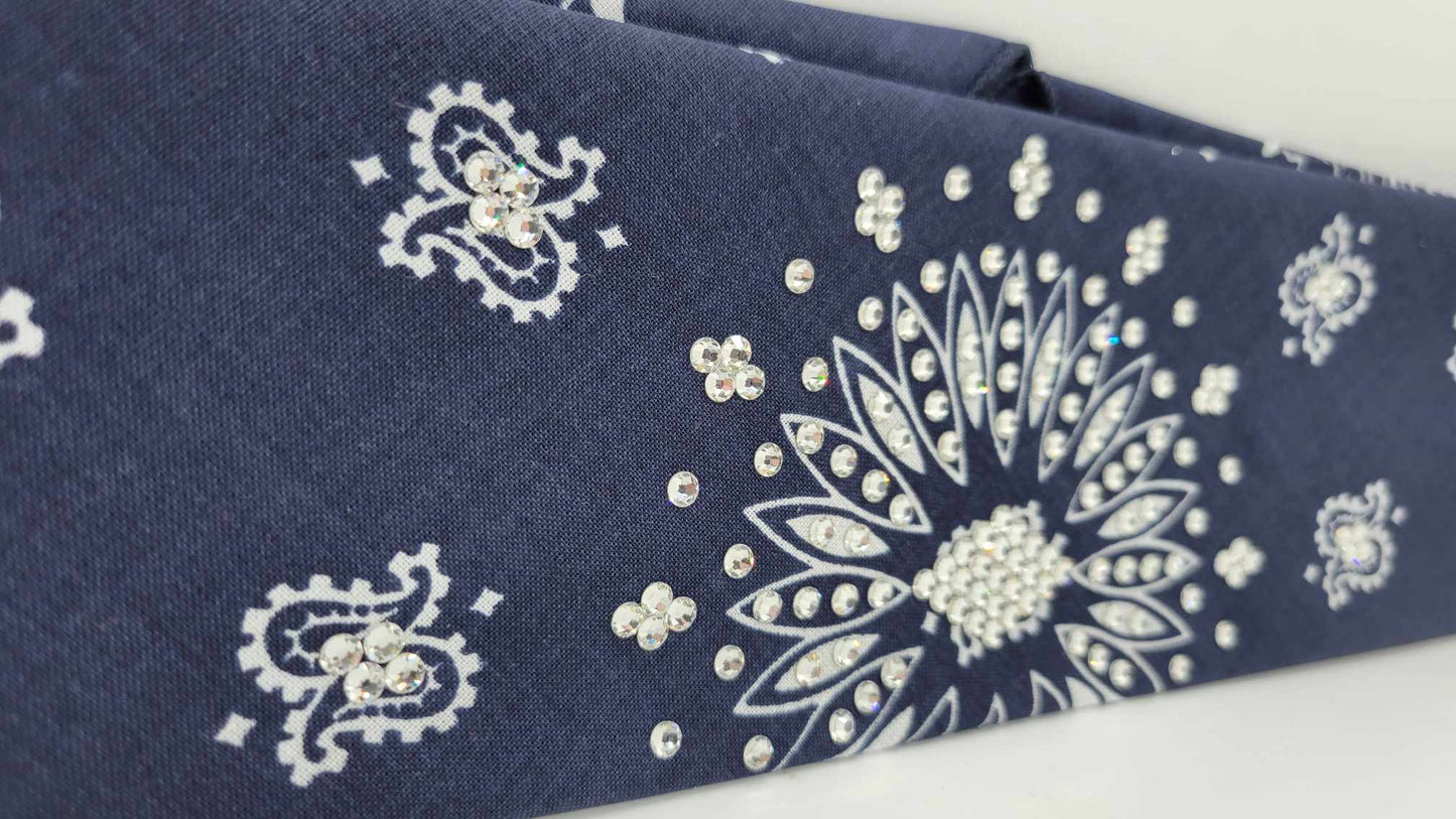 Navy Blue Paisley Bandana with Diamond Clear Austrian Crystals (Sku6253)