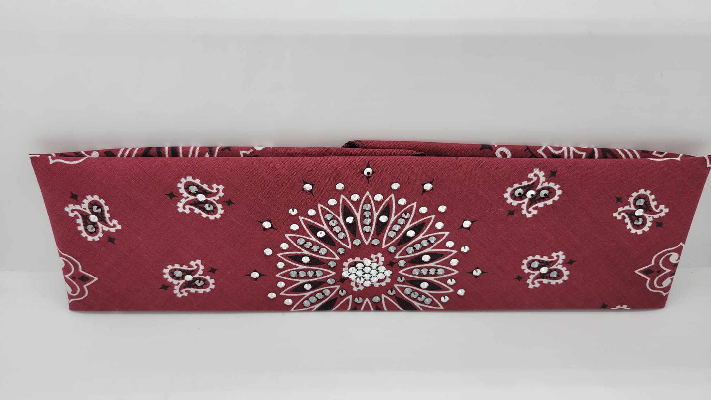 Dark Maroon Paisley Bandana with Black and Chrome Austrian Crystals (Sku6254)