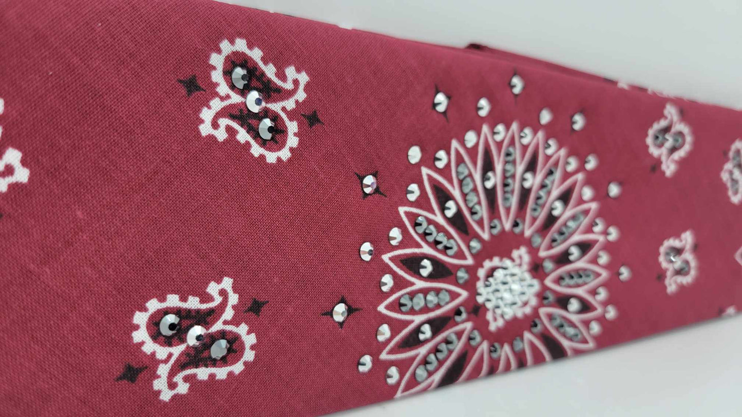 Dark Maroon Paisley Bandana with Black and Chrome Austrian Crystals (Sku6254)