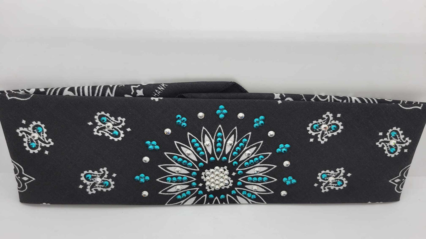 Black Paisley Bandana with Bright Blue and Diamond Clear Austrian Crystals (Sku6255)
