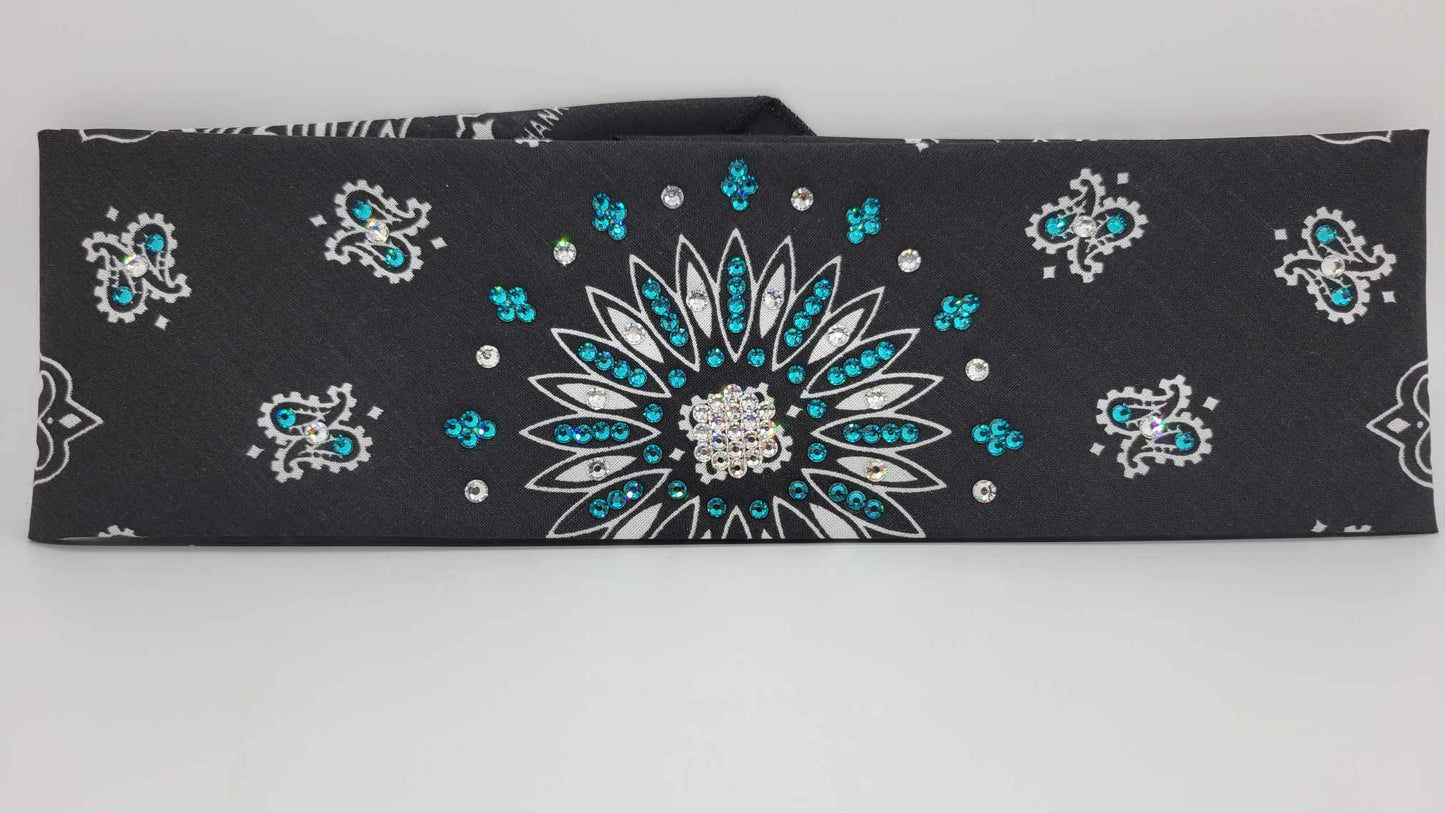 Black Paisley Bandana with Bright Blue and Diamond Clear Austrian Crystals (Sku6255)