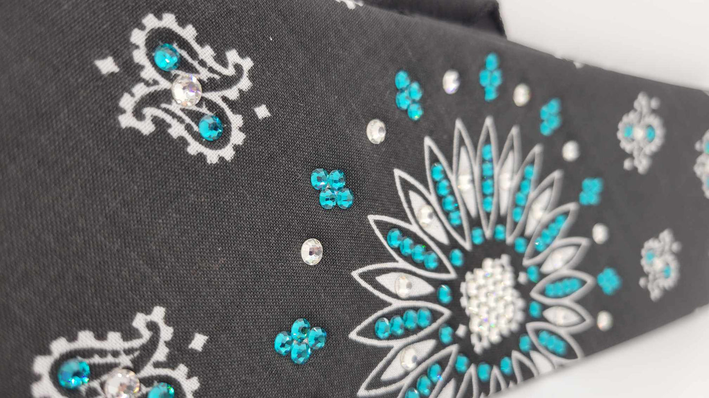 Black Paisley Bandana with Bright Blue and Diamond Clear Austrian Crystals (Sku6255)