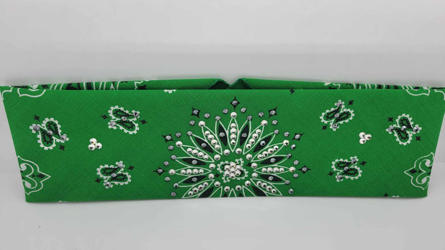Green Paisley Bandana with Black and Diamond Clear Austrian Crystals (Sku6257)