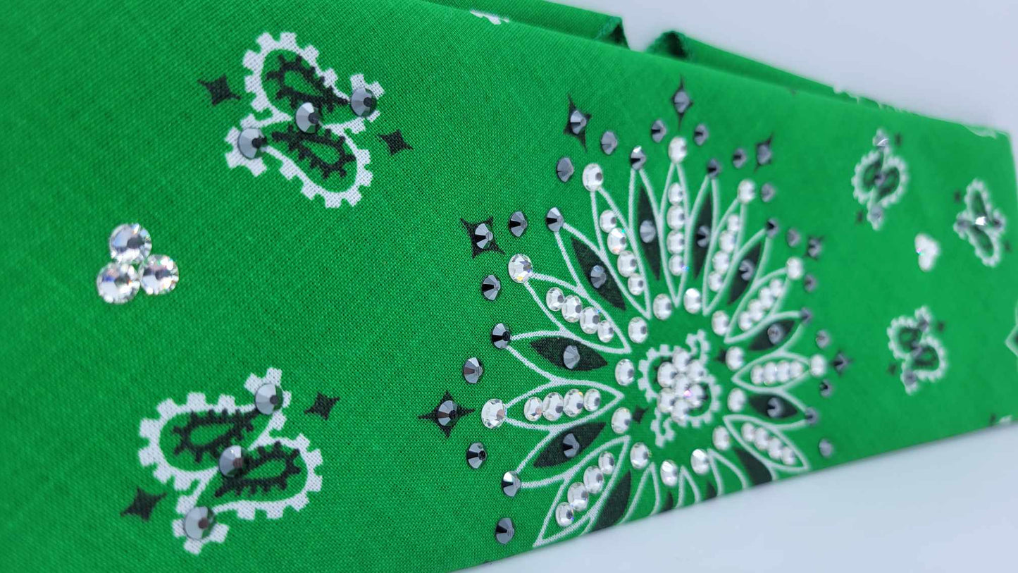 Green Paisley Bandana with Black and Diamond Clear Austrian Crystals (Sku6257)
