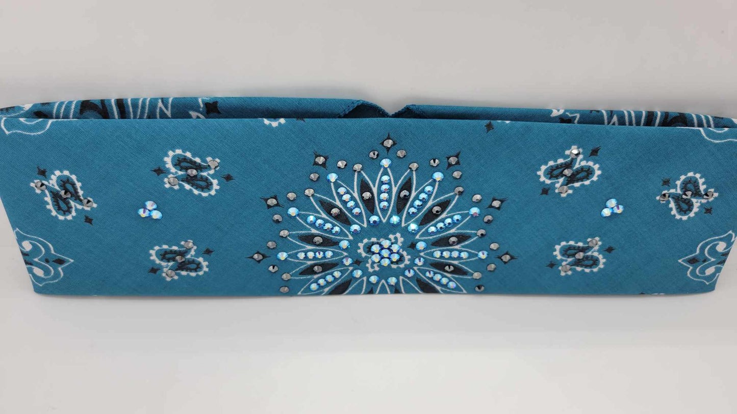 Dark Teal Paisley Bandana with Blue Shimmer and Black Austrian Crystals (Sku6260)