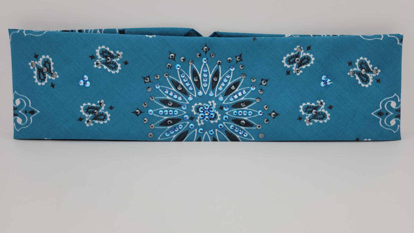 Dark Teal Paisley Bandana with Blue Shimmer and Black Austrian Crystals (Sku6260)
