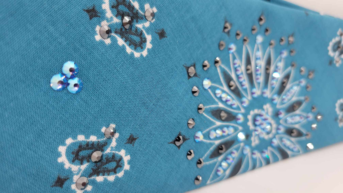 Dark Teal Paisley Bandana with Blue Shimmer and Black Austrian Crystals (Sku6260)