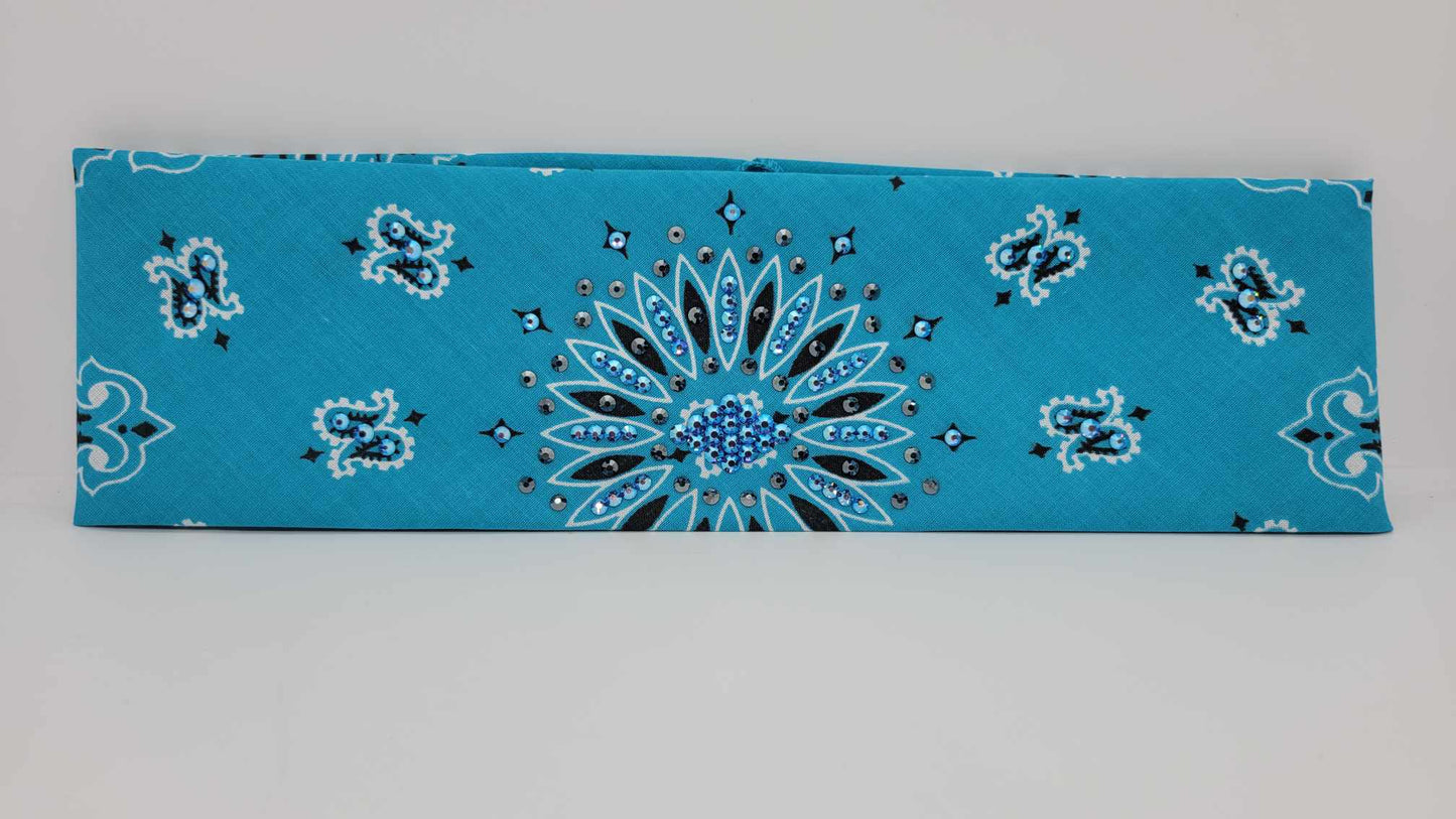 Light Teal Paisley Bandana with Blue Shimmer and Black Austrian Crystals (Sku6261)