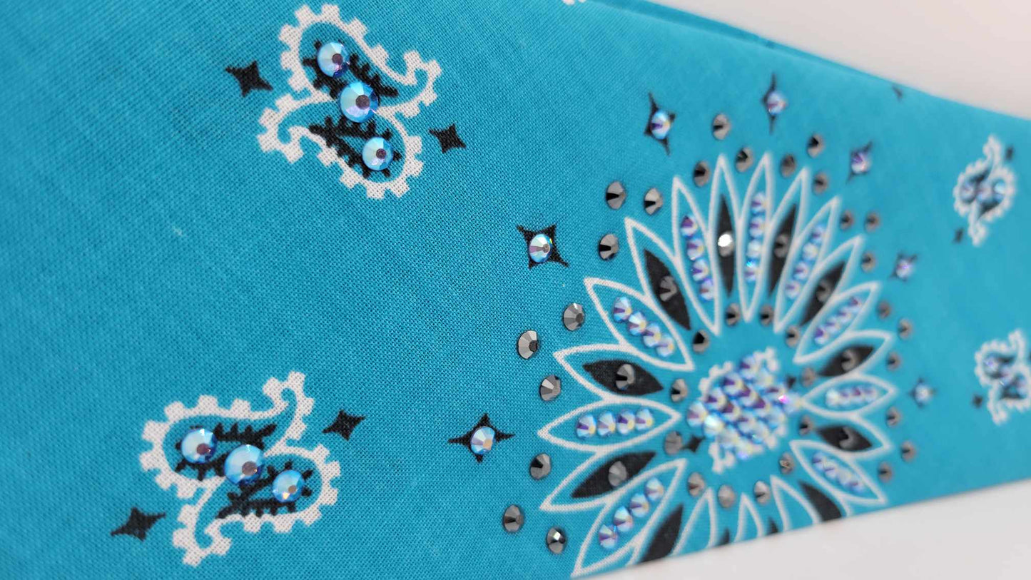Light Teal Paisley Bandana with Blue Shimmer and Black Austrian Crystals (Sku6261)