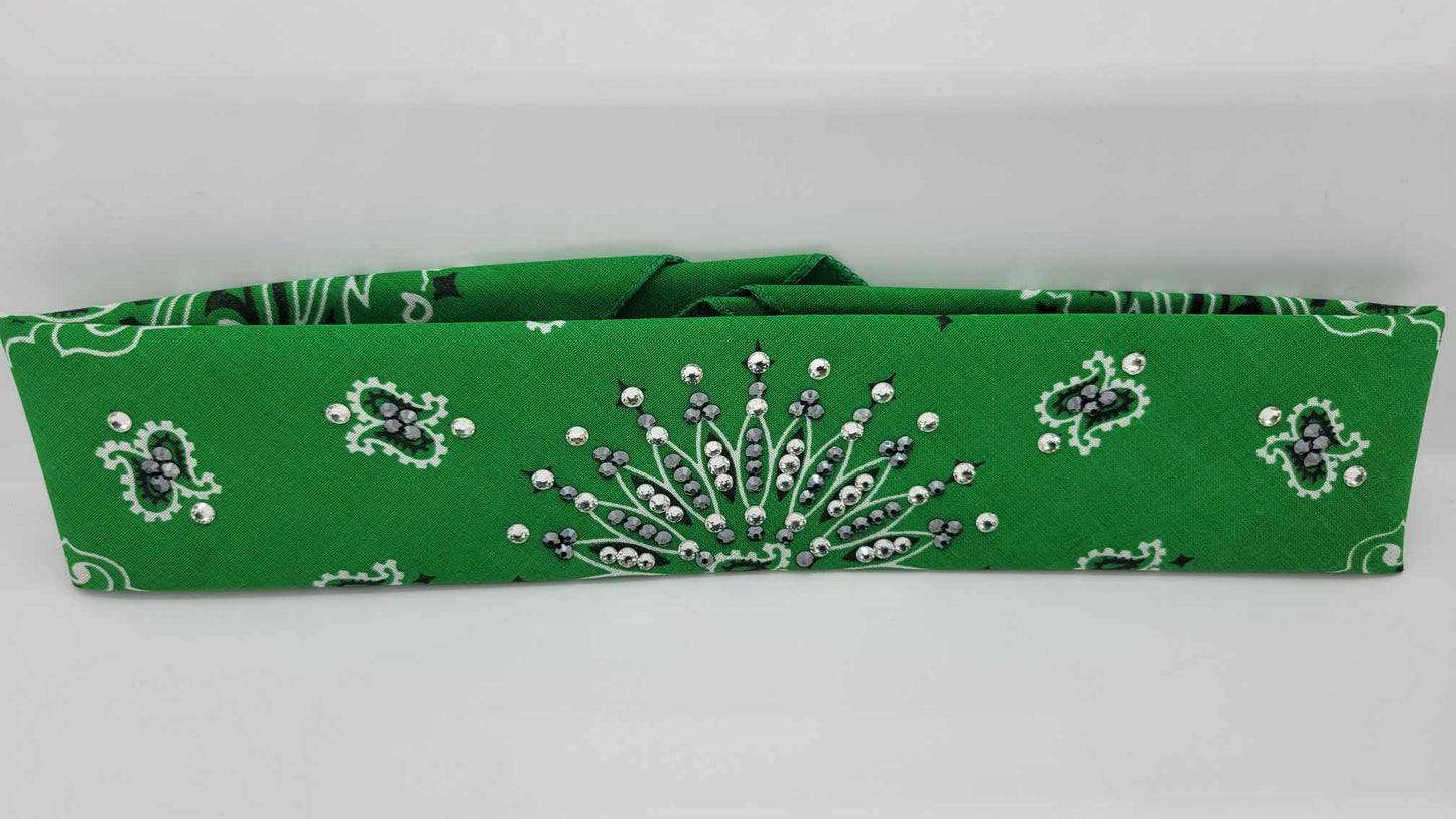 Narrow Green Paisley Bandana with Black and Diamond Clear Austrian Crystals (sku6262)