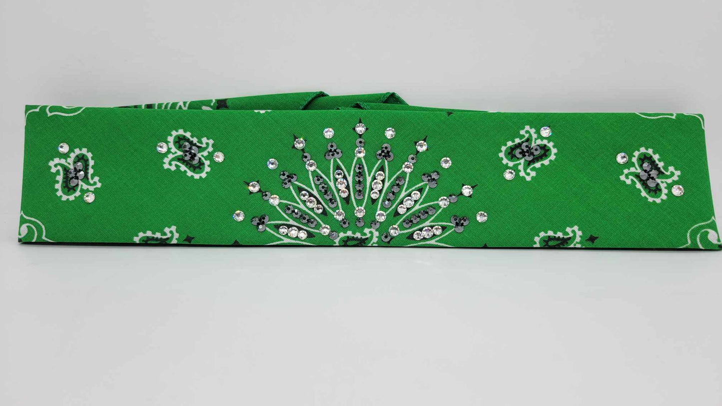 Narrow Green Paisley Bandana with Black and Diamond Clear Austrian Crystals (sku6262)