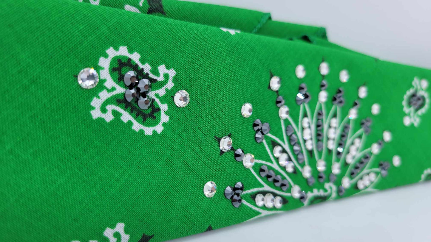 Narrow Green Paisley Bandana with Black and Diamond Clear Austrian Crystals (sku6262)