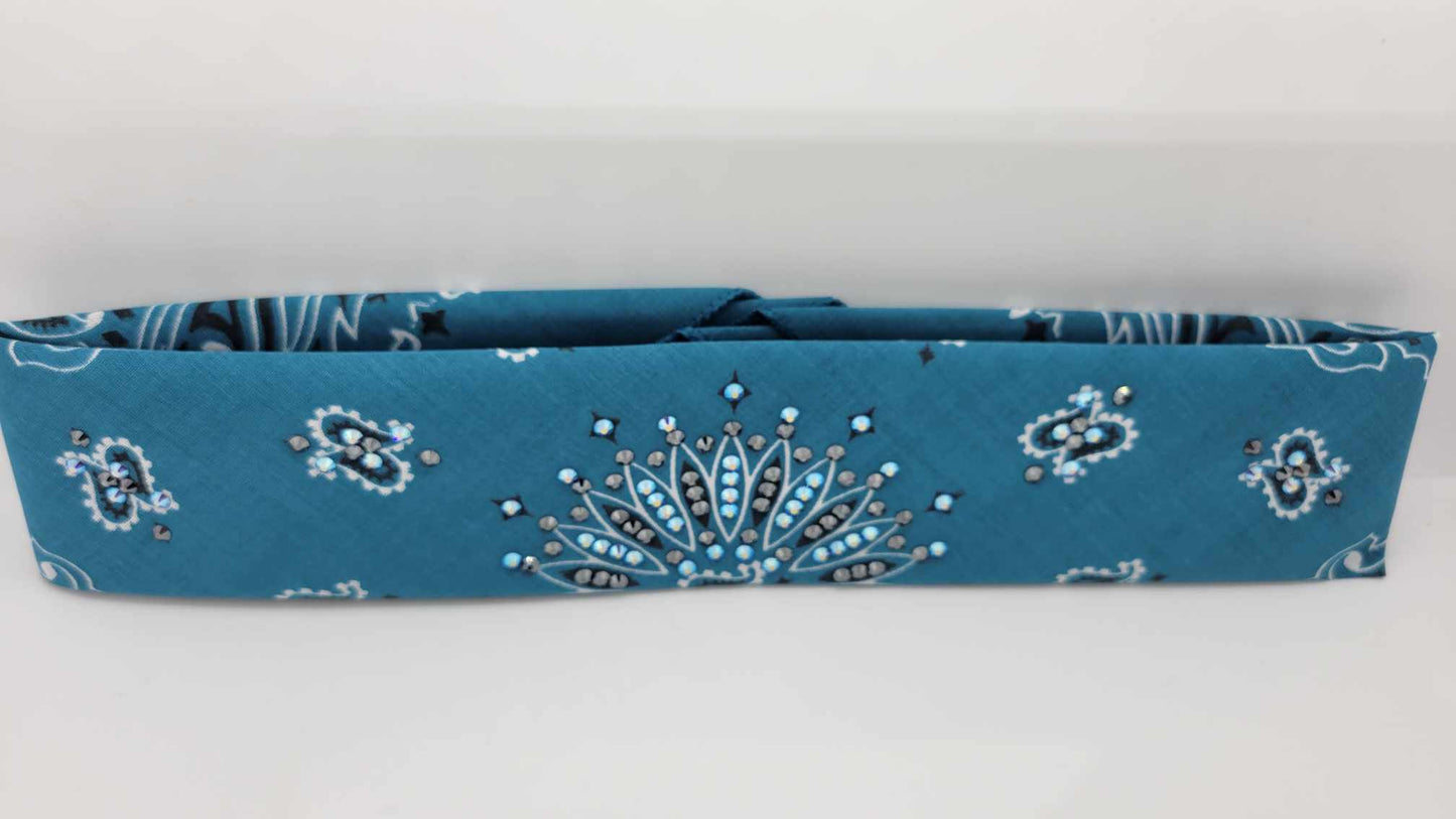 Narrow Dark Teal Paisley Bandana with Blue Shimmer and Black Austrian Crystals (sku6263)