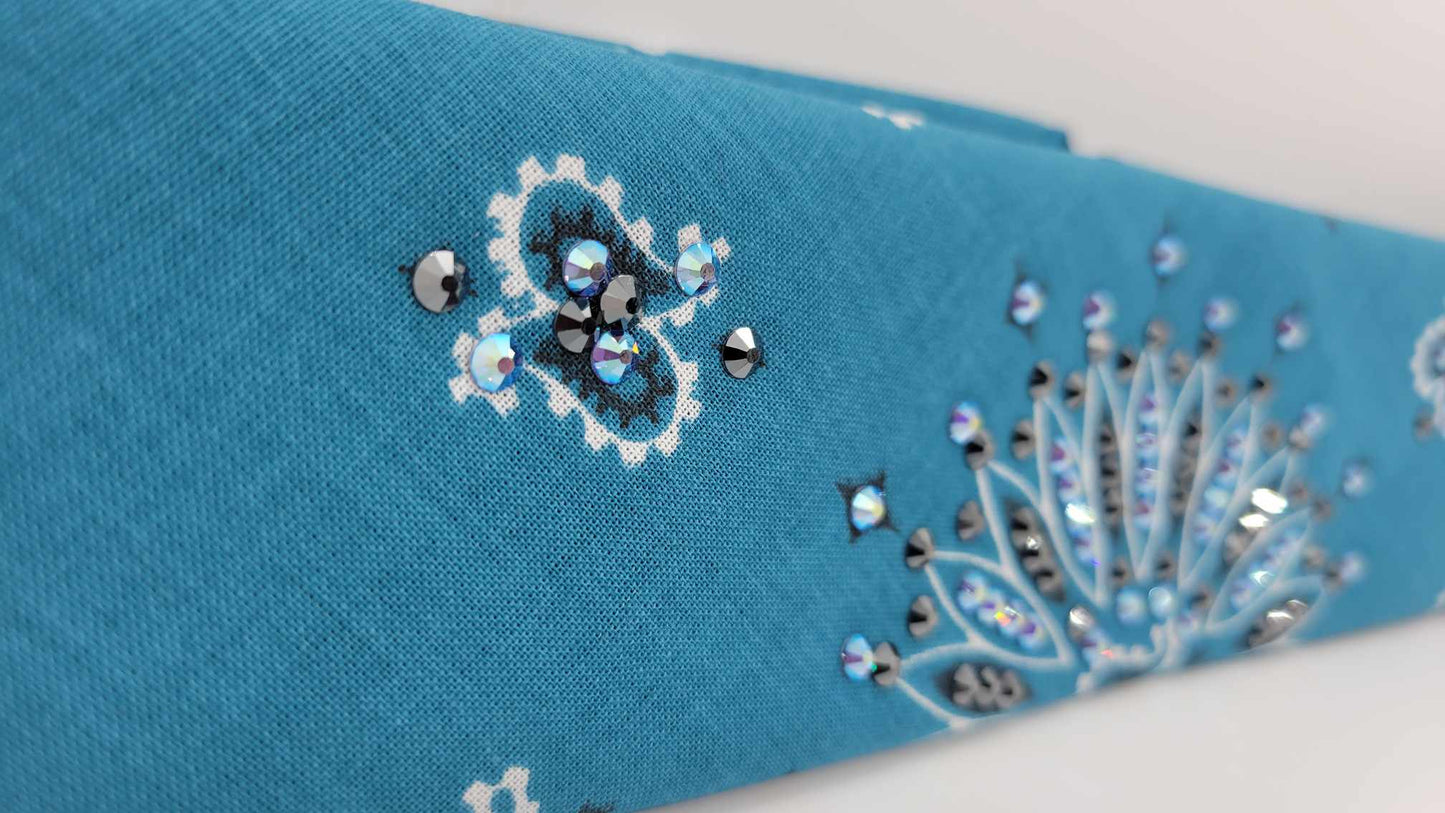 Narrow Dark Teal Paisley Bandana with Blue Shimmer and Black Austrian Crystals (sku6263)