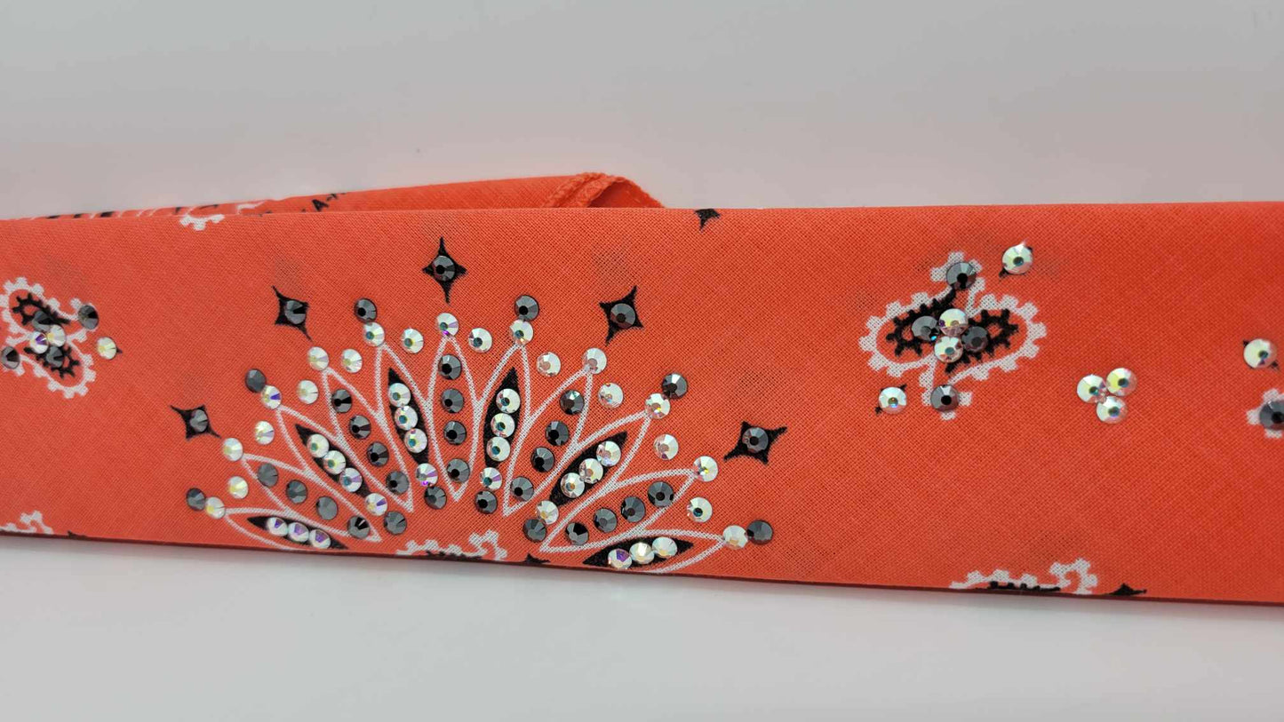 Narrow Salmon Paisley Bandana with Aurora Borealis and Black Austrian Crystals (sku6265)