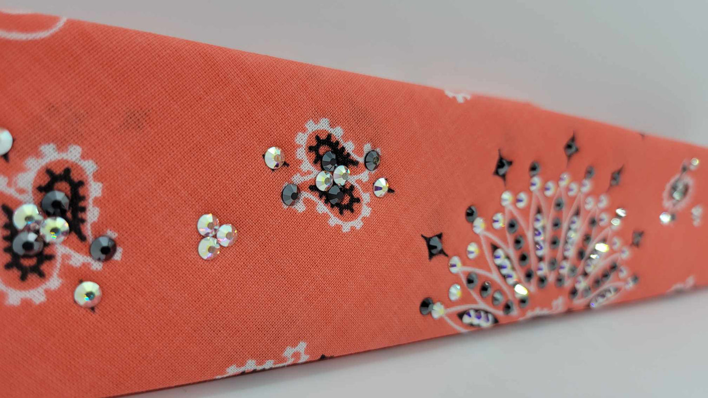 Narrow Salmon Paisley Bandana with Aurora Borealis and Black Austrian Crystals (sku6265)