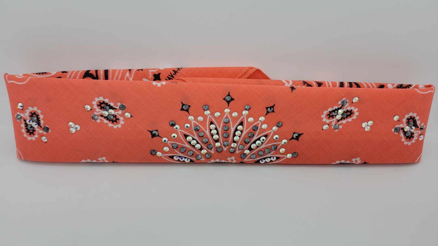 Narrow Salmon Paisley Bandana with Aurora Borealis and Black Austrian Crystals (sku6265)