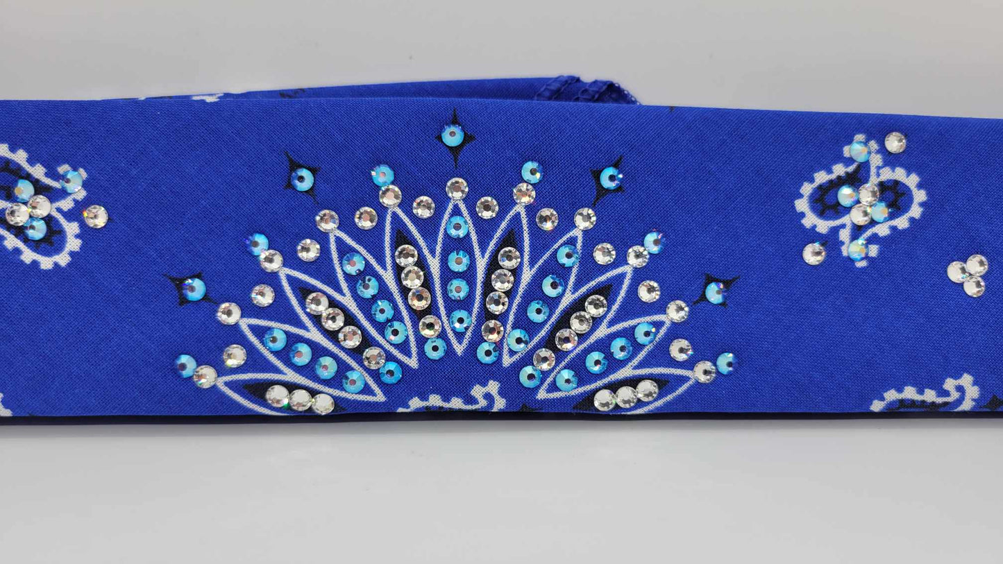 Narrow Royal Blue Paisley Bandana with Blue Shimmer and Diamond Clear Austrian Crystals (sku6266)