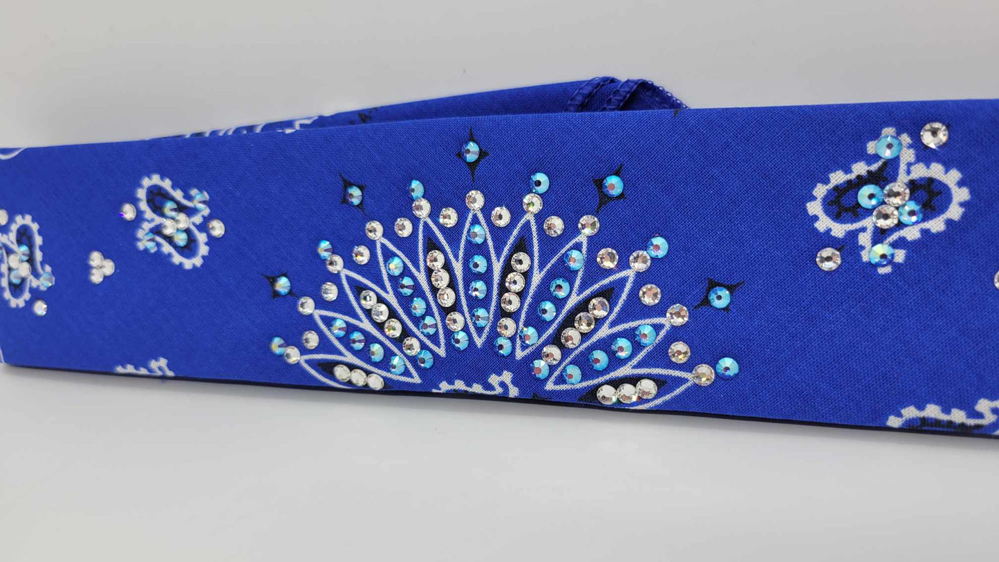Narrow Royal Blue Paisley Bandana with Blue Shimmer and Diamond Clear Austrian Crystals (sku6266)