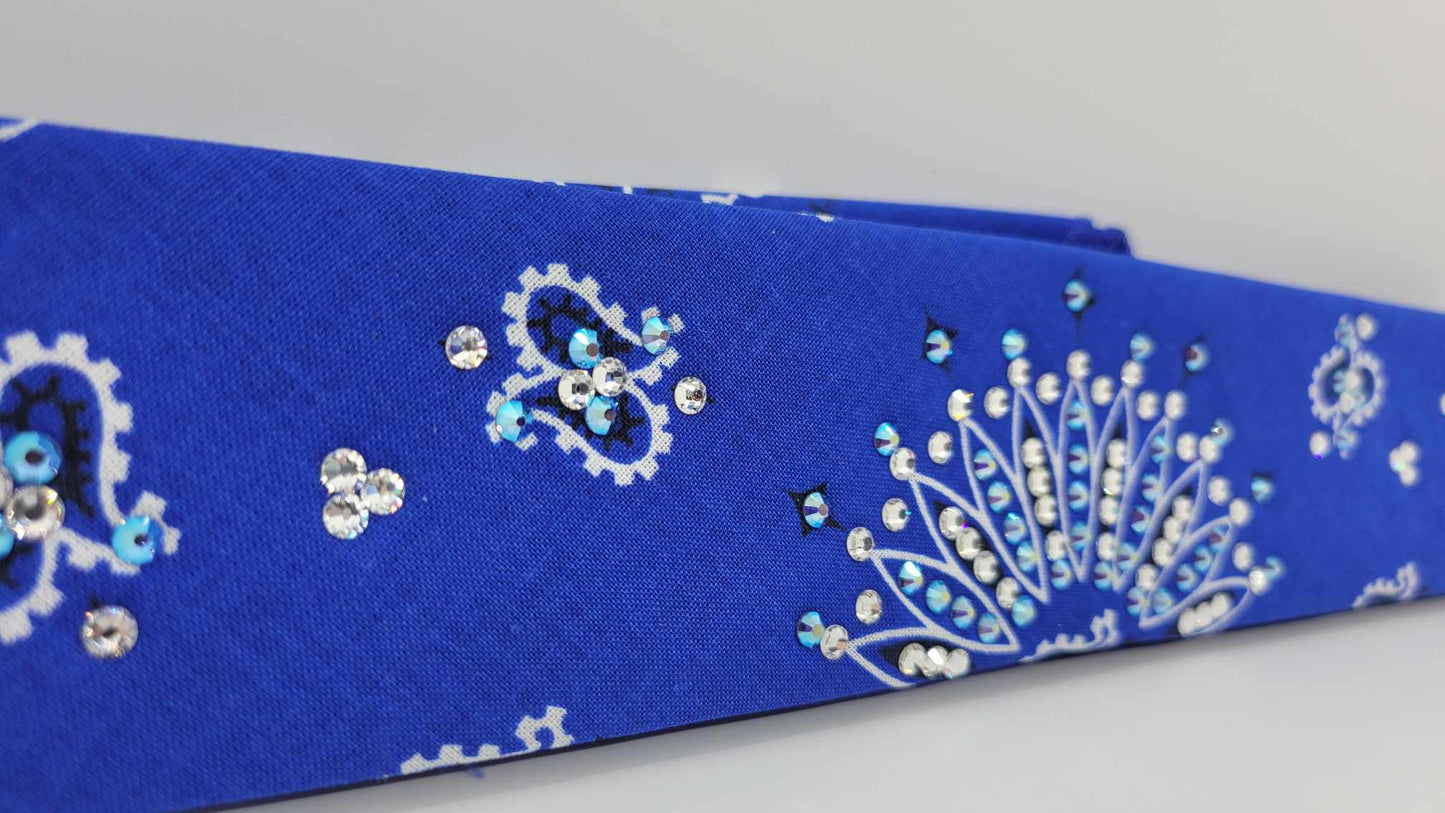 Narrow Royal Blue Paisley Bandana with Blue Shimmer and Diamond Clear Austrian Crystals (sku6266)