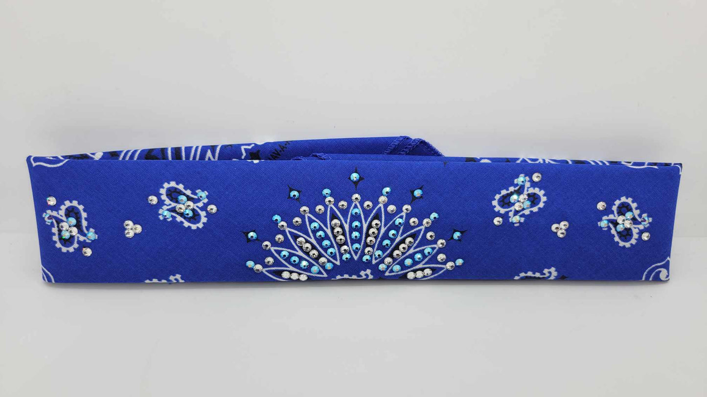 Narrow Royal Blue Paisley Bandana with Blue Shimmer and Diamond Clear Austrian Crystals (sku6266)
