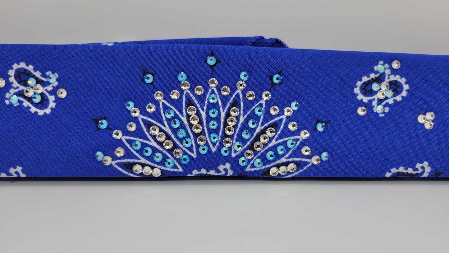 Narrow Royal Blue Paisley Bandana with Blue Shimmer and Diamond Clear Austrian Crystals (sku6266)