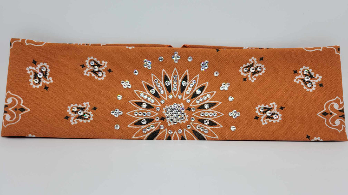 Burnt Orange Paisley Bandana with Diamond Clear Austrian Crystals (Sku6267)